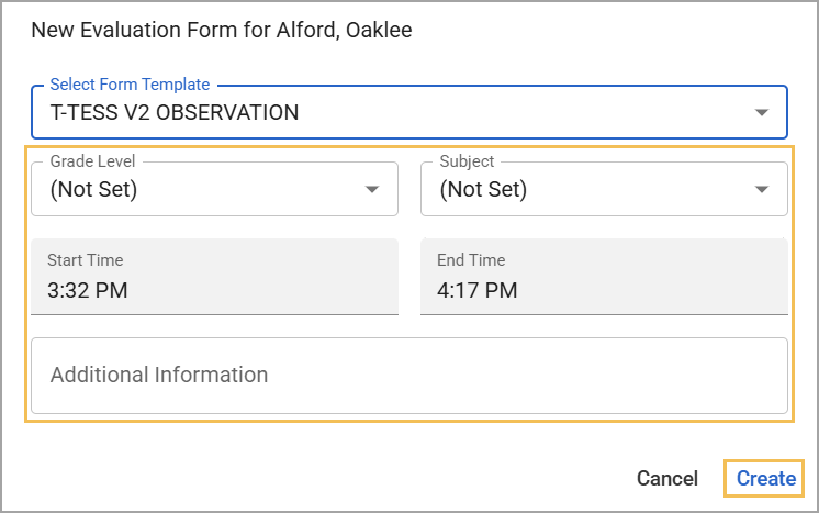 New evaluation form for an observation with fields for time and additional information.